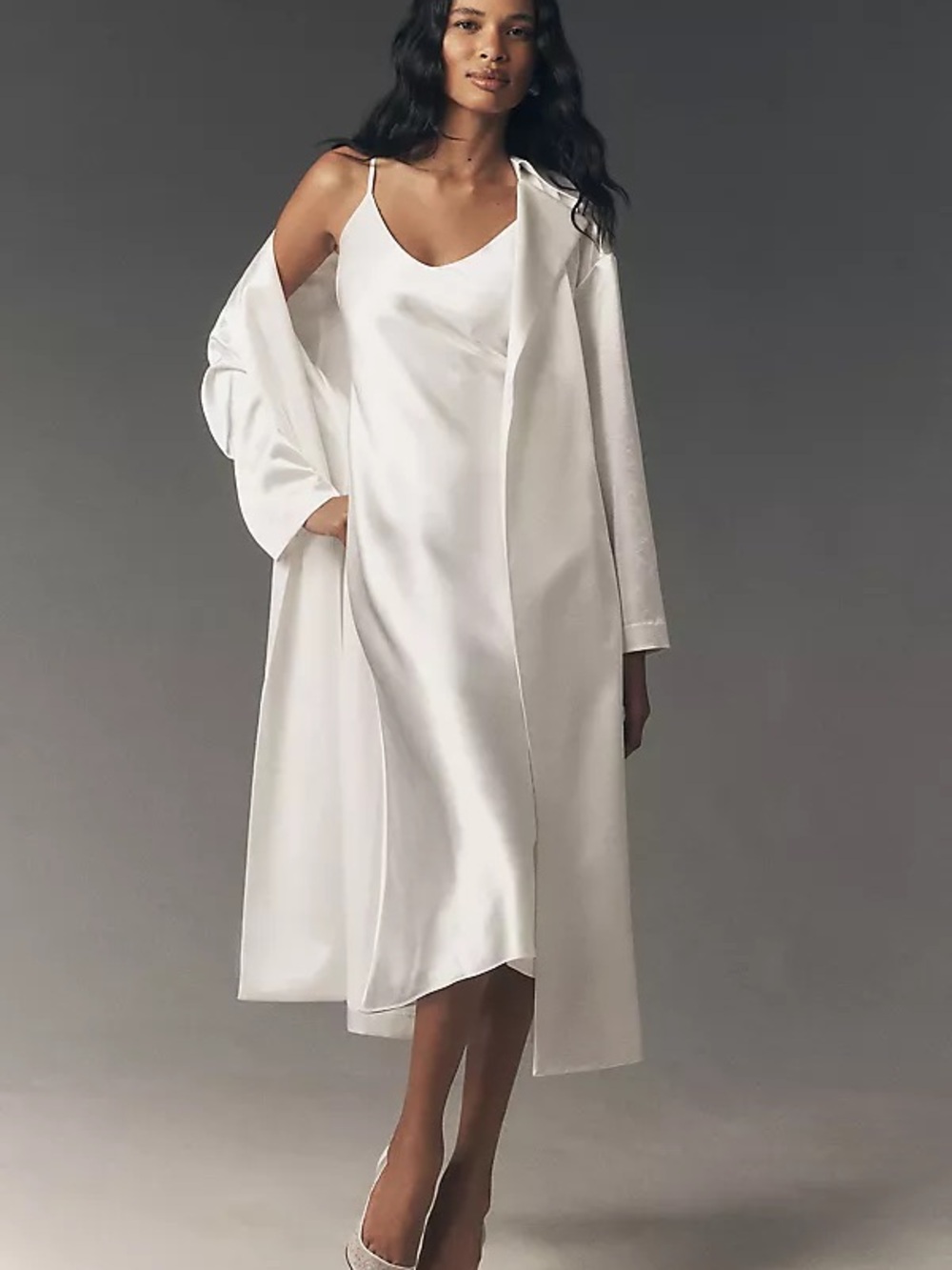 Mare Mare Anthropologie White Satin Slip Dress Trench Coat Set Women’s L
